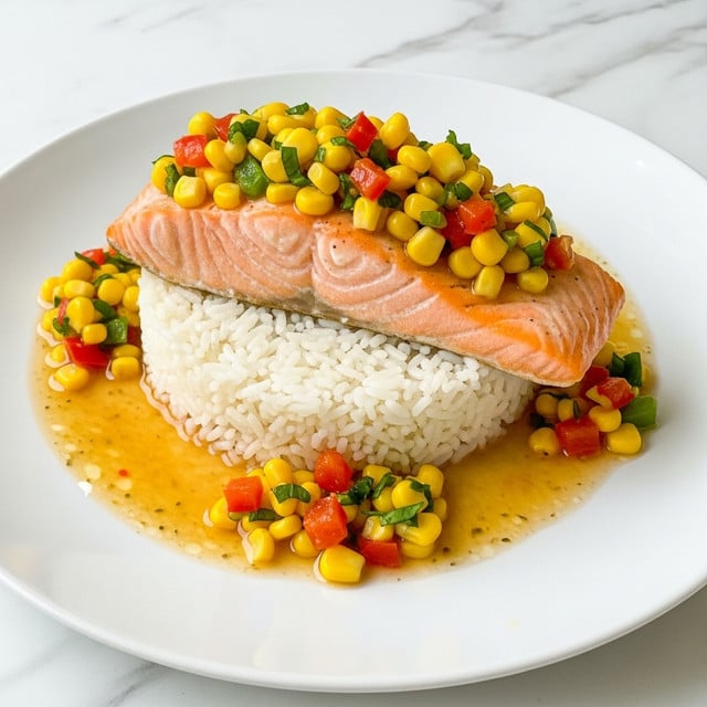 A dish on a white plate placed on a white marbled surface shows a base layer of white cooked rice shaped in a loose mound. On top, centered, rests a long piece of cooked salmon with a golden and slightly browned exterior. The salmon is covered with a thick sauce that includes bright yellow corn kernels mixed with small red bell pepper pieces and a few chunks of cooked tomato. The sauce has a glossy, slightly oily appearance, spreading a bit onto the rice and plate edges. photo taken with an iphone --ar 4:5 --v 7