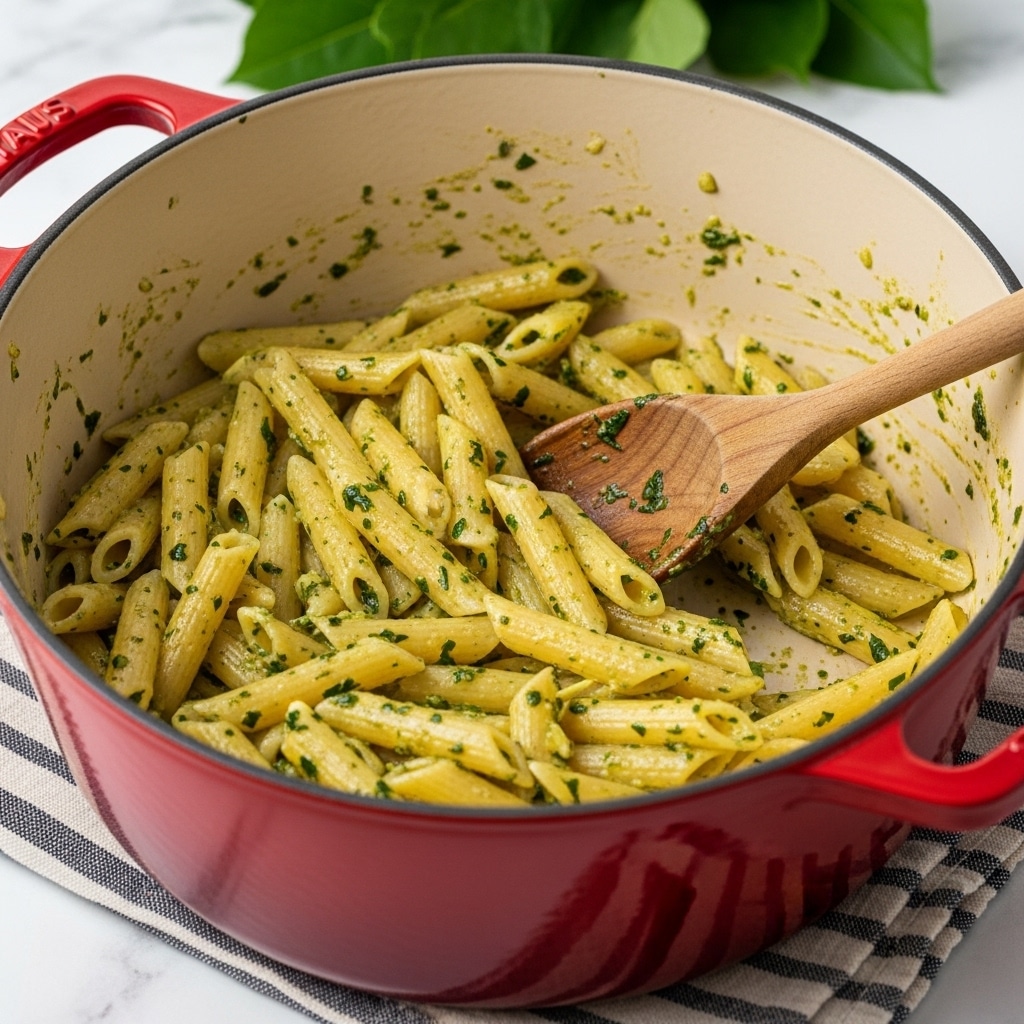 A white enamel pot with a red outer rim is filled with short tube-shaped pasta coated in a light green herb sauce. The pasta strands are scattered unevenly throughout the pot, with some pieces sticking to the sides. Small bits of green herbs dot the sauce, giving it a textured look. A wooden spoon with a smooth surface rests inside the pot, partially covered by the pasta. The pot sits on a checkered cloth with pastel shades in the background, all set on a white marbled surface. Photo taken with an iphone --ar 4:5 --v 7