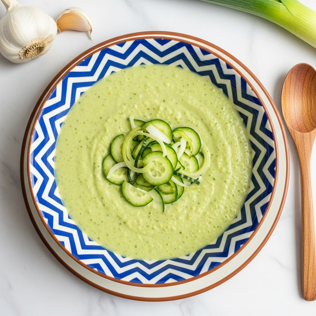 A bowl of creamy light green soup fills most of the white bowl with bold blue stripes around the edges, showing a smooth texture with small soft vegetable bits inside. On top, there is a small pile of thinly sliced light green and white vegetable strips, lightly curled, and a few dark green herbs scattered. The bowl sits on a white marbled surface with a whole fresh garlic bulb and a green vegetable placed to the side, and a shiny silver spoon with a wooden handle nearby. Photo taken with an iphone --ar 4:5 --v 7