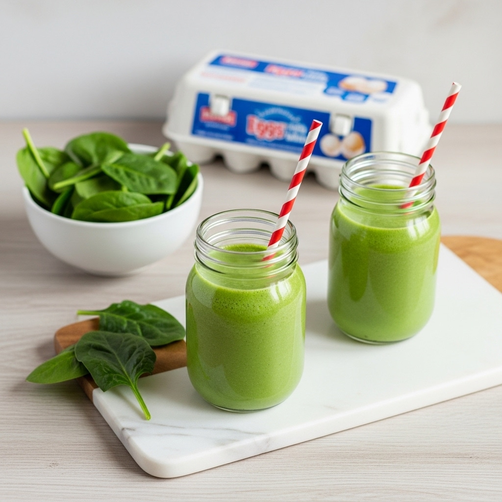 Two tall clear glass jars are filled almost to the top with a smooth, bright green smoothie with tiny bubbles on the surface. Each jar has a red and white striped straw positioned inside, slightly leaning to the side. The jars sit on a light wood table; one jar is placed on a white marbled board while the other rests on a red and white patterned napkin. In the background, slightly out of focus, there is a white carton of 100% egg whites featuring a colorful image of a dish with green herbs and red bits. A small white bowl filled with fresh green spinach leaves sits on the white marbled board next to the jars. The overall composition has a clean and fresh look with soft natural light. photo taken with an iphone --ar 4:5 --v 7