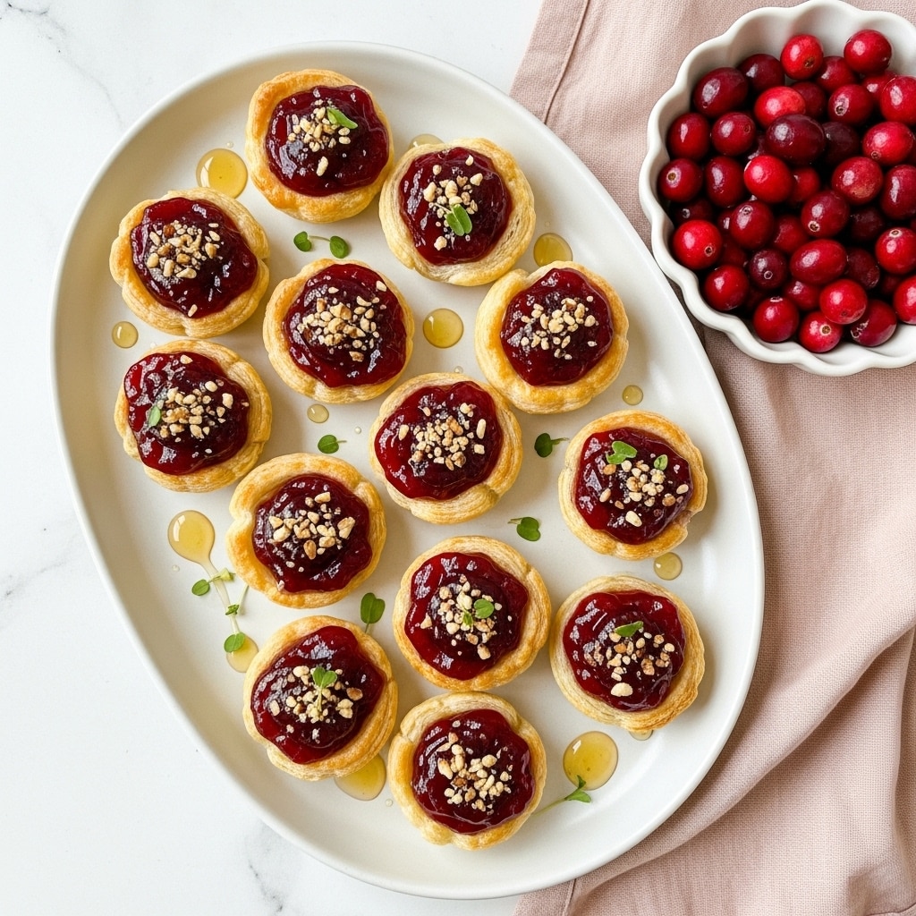 A white plate holds twelve small square puff pastry tarts with golden, flaky edges curled up around a deep red cranberry topping that looks thick and chunky. Each tart is sprinkled with bits of chopped nuts and green herb leaves, and there are light drizzles of honey or syrup on the plate, adding a glossy shine. To the top right, there is a white bowl filled with shiny, whole red cranberries, sitting on a soft peach-colored cloth. Everything rests on a white marbled surface. photo taken with an iphone --ar 4:5 --v 7