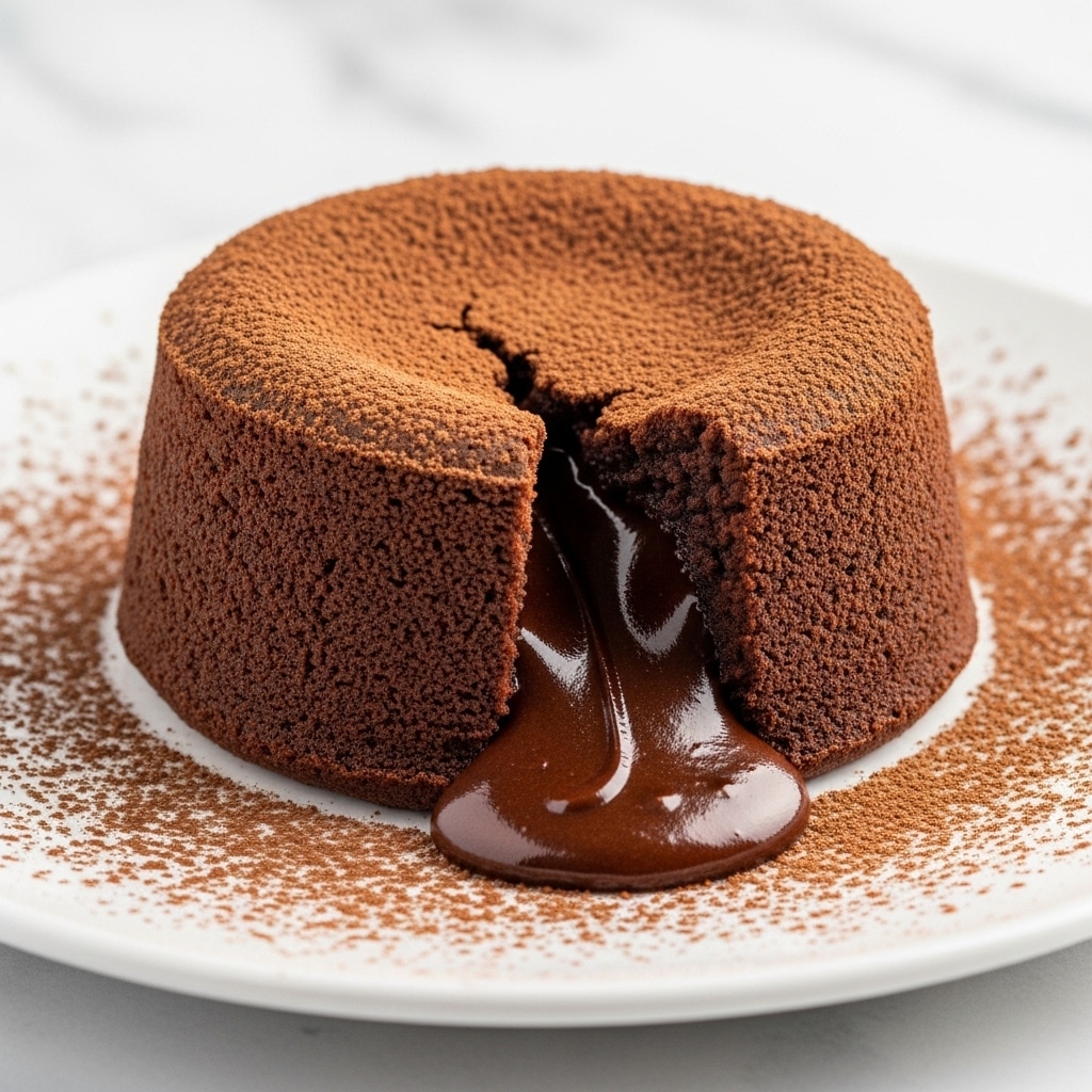A round chocolate lava cake sits in the center of a white plate with cocoa powder dusted around the edges. The cake has a cracked top layer covered with a fine dusting of cocoa powder, and a large section of the cake is broken open, revealing thick, smooth molten chocolate oozing out and pooling around the base. The cake’s outer texture is dense and slightly crumbly, with the rich dark brown color contrasting with the lighter brown molten center. The scene is set against a white marbled textured background. photo taken with an iphone --ar 4:5 --v 7