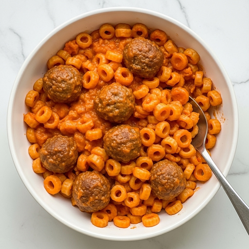 A white bowl filled with small round pasta rings mixed with meatballs, all coated in a thick, creamy, orange-red tomato sauce with visible black pepper and herbs. The pasta rings form the top layer, appearing glossy and spoon-shaped, while the evenly spaced meatballs beneath are brown with a slightly rough texture. A silver spoon rests inside the bowl on the right side, partially covered by the sauce. The bowl sits on a white marbled surface. photo taken with an iphone --ar 4:5 --v 7