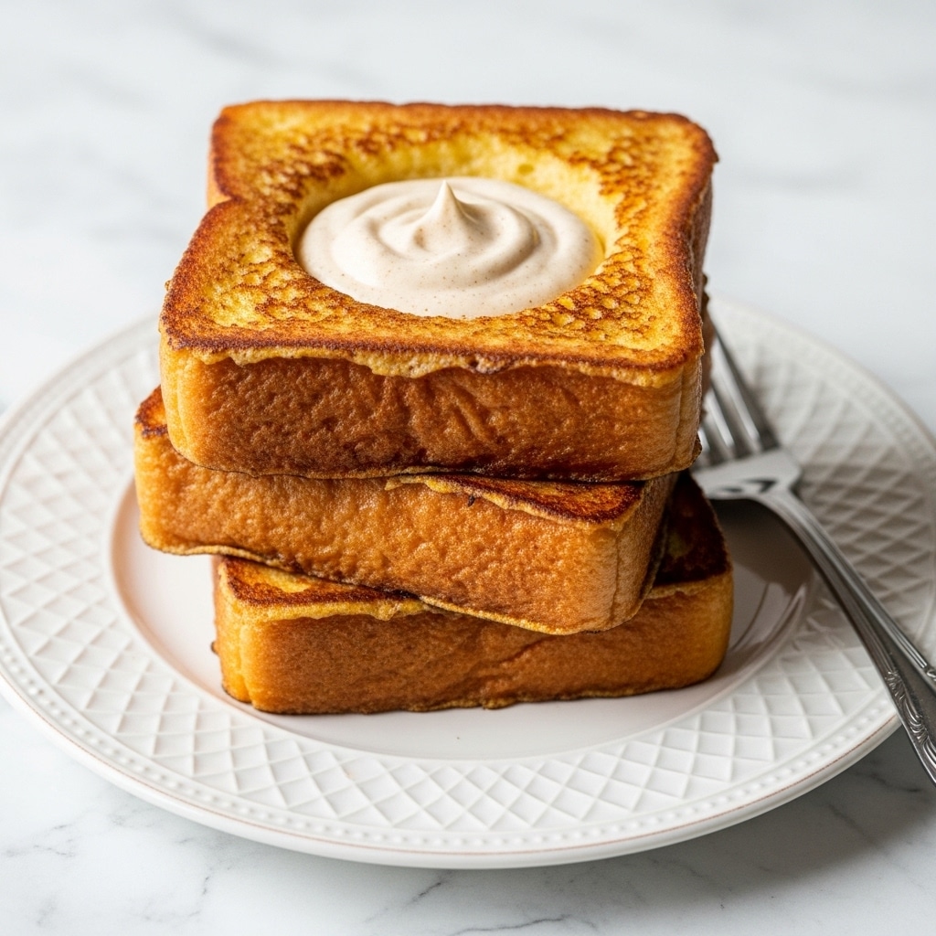 A stack of three thick, golden-brown French toast slices sits on a white plate, each slice showing a slightly crispy texture with darker, caramelized edges. The top slice is hollowed slightly in the center, filled with a dollop of creamy, whipped butter or cream that has a light beige color with some specks, giving it a textured look. The plate rests on a white marbled surface with a metal fork partially visible beside it. The lighting is bright, highlighting the warm tones and the soft, fluffy inside of the toast. photo taken with an iphone --ar 4:5 --v 7