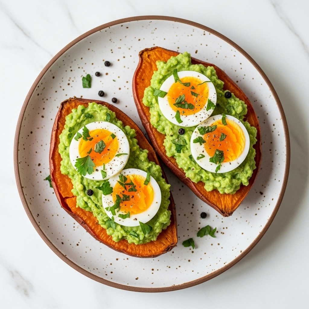 Two halves of baked sweet potato with a slightly browned skin form the base on a round white plate with brown speckles. Each half is filled with a thick, bright green mashed pea spread that looks creamy and textured. On top of the pea mash, there are sliced hard-boiled eggs with a yellow yolk and white edges, each piece garnished with small green herb leaves and a light sprinkle of seasoning. The plate rests on a white marbled surface with scattered peppercorns and small green herb leaves around it, adding a rustic touch. Photo taken with an iphone --ar 4:5 --v 7