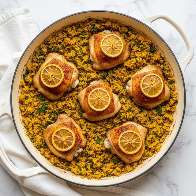 A round blue cast iron pan filled with a layer of yellowish cooked rice mixed with small green herbs, topped with five pieces of golden brown roasted chicken thighs evenly spaced inside the pan. Each piece of chicken is garnished with a thin slice of lemon on top. The pan sits on a white marbled surface with a light gray cloth partially under the pan's handle. Photo taken with an iphone --ar 4:5 --v 7