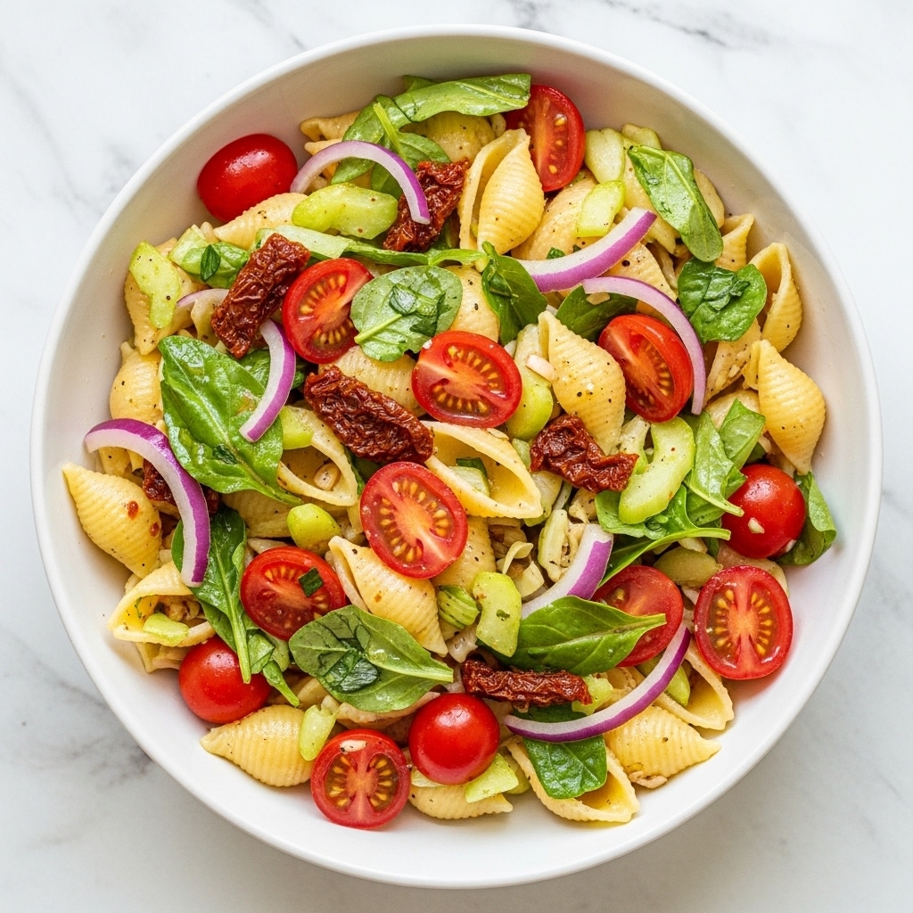 A white bowl filled with shell pasta layered with bright red cherry tomato halves, sun-dried tomato pieces, thin slices of purple onion, and chopped green herbs scattered evenly throughout. The pasta shells are yellow with a slight shiny texture, coated lightly in olive oil. The mix shows a colorful and fresh look with green leaves and small bits of garlic or cheese mixed in. The bowl sits on a white marbled surface. Photo taken with an iphone --ar 4:5 --v 7
