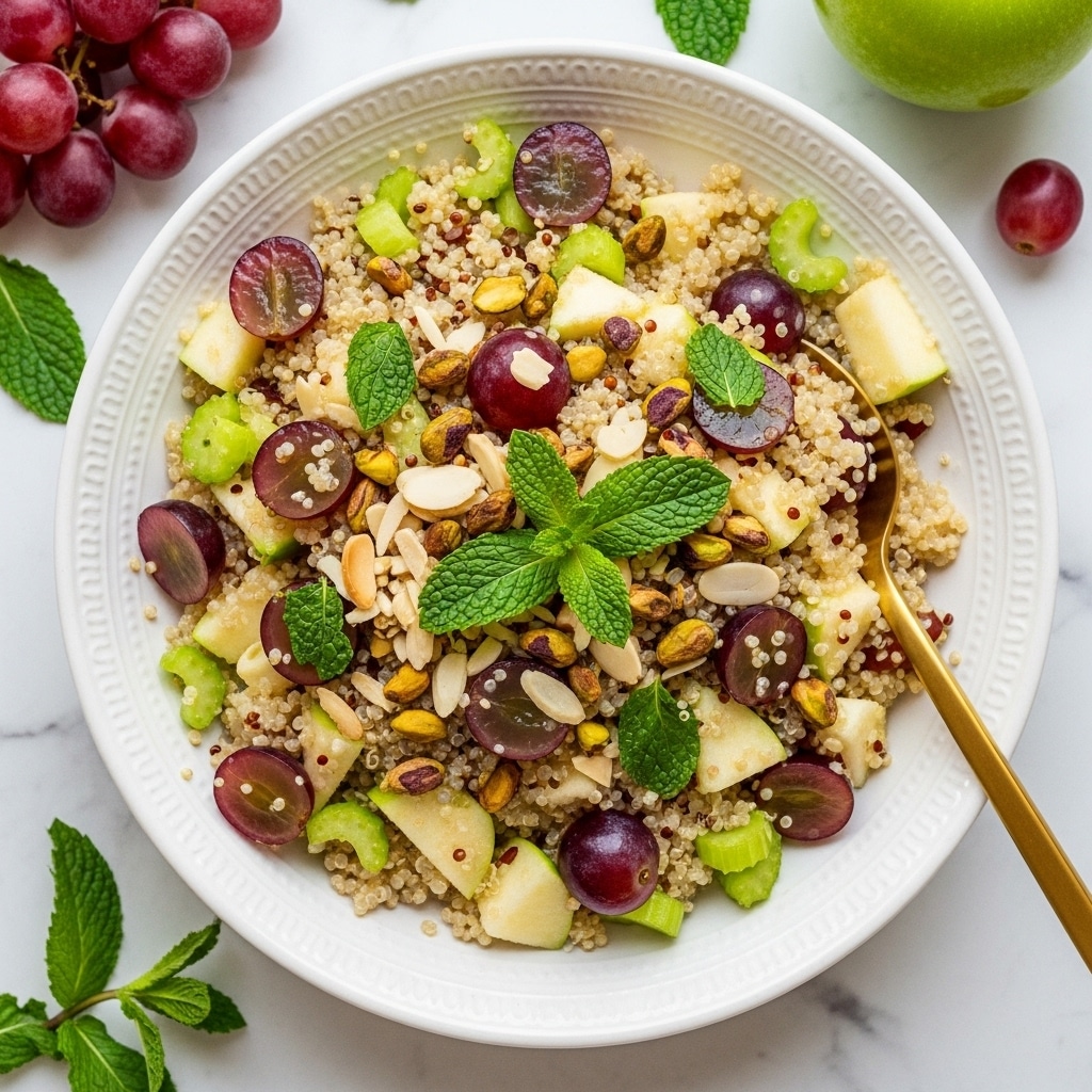 A white bowl with a textured edge holds a mixed grain salad with about three layers: the bottom layer shows small, light beige quinoa grains, the middle layer has green diced celery and chunks of green and red apple with their skin on, and the top layer is decorated with halved dark red grapes, whole pistachios, and bright green mint leaves scattered throughout. A gold spoon rests inside the bowl on the left side. The bowl sits on a white marbled surface with fresh mint leaves, a green apple, red grapes, and a small jar of light brown dressing arranged around it for decoration. Photo taken with an iphone --ar 4:5 --v 7