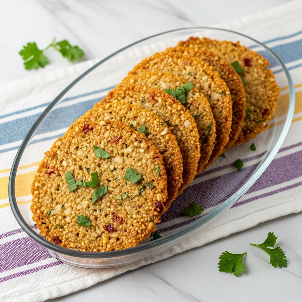 The image shows a clear glass rectangular dish placed on a white marbled surface with a striped cloth underneath. Inside the dish, there are five round, flat, golden-brown crispy fritters arranged in a slightly overlapping row. Each fritter has small green herb pieces scattered on top, adding a touch of fresh color. The texture looks crunchy around the edges with a slightly rough surface that shows bits of cooked ingredients. Overall, the dish looks warm and inviting, highlighting the golden color and texture of the fritters. photo taken with an iphone --ar 4:5 --v 7