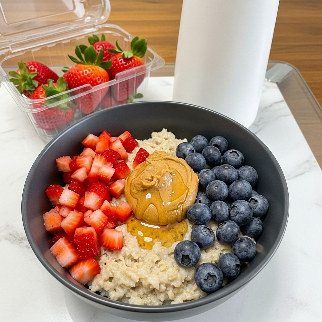 A dark bowl filled with a base layer of cooked oats with a rough, soft texture, topped with fresh cut strawberries on the left side showing bright red and juicy pieces, whole blueberries on the right side with a shiny dark blue color, and a dollop of creamy light brown peanut butter placed towards the upper center with a smooth texture and some honey drizzled on top. A silver spoon is inside the bowl on the right side. Next to the bowl, there is a clear plastic container filled with fresh whole strawberries that are bright red with green leaves, sitting on a white marbled textured table. Behind and to the right of the bowl, there is a carton of egg whites with white and blue packaging. The scene is lit by natural sunlight creating soft shadows. Photo taken with an iphone --ar 4:5 --v 7