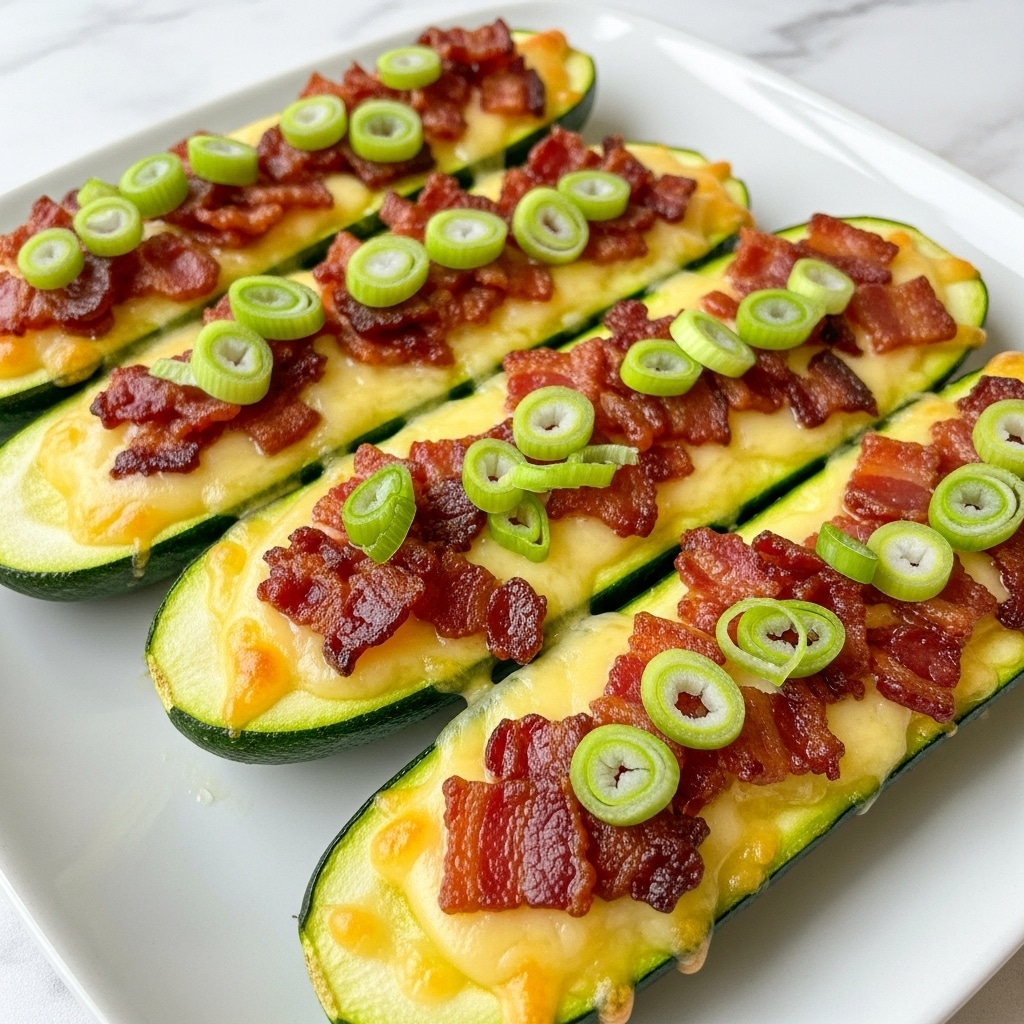 The dish shows several green zucchinis cut in half lengthwise, placed on a white plate. Each zucchini half is topped with a layer of melted light yellow cheese, brown crispy bacon pieces, and fresh bright green sliced scallions. The zucchinis have a slight shine, indicating they are cooked but still firm. The background is a white marbled texture. photo taken with an iphone --ar 4:5 --v 7