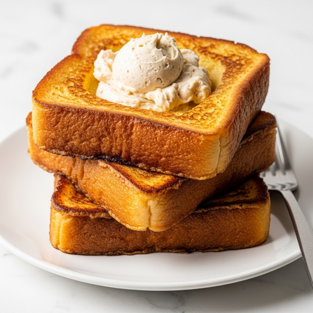 A stack of three thick golden-brown French toast slices sits on a white plate with a subtle patterned rim, each slice showing a crispy, slightly textured surface with browned edges. The top slice has a hollow center filled with a creamy, light cinnamon-colored whipped topping. The plate rests on a white marbled surface with a silver fork placed beside it. photo taken with an iphone --ar 4:5 --v 7