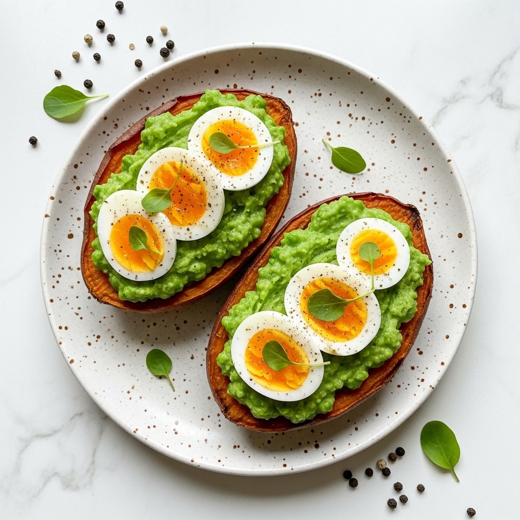 Two halves of roasted sweet potato are placed on a white plate with brown speckles, set on a white marbled surface. Each sweet potato half has a reddish-brown, slightly crisp skin and a bright orange, soft interior. They are topped with a thick layer of bright green mashed avocado or pea spread, which looks creamy and textured. On top of the green spread, there are two slices of hard-boiled eggs on each half; the egg whites are smooth and white, contrasting with the slightly browned yolks. Small bits of chopped green herbs are sprinkled over the eggs and spread, adding a fresh touch. Some peppercorns and herb leaves are scattered around the plate. Photo taken with an iphone --ar 4:5 --v 7