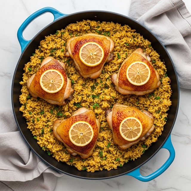 A large round deep white pan filled with a bed of yellowish cooked rice mixed with green herbs, with five browned chicken thighs evenly spaced on top. Each chicken thigh is golden and crispy with a lightly charred skin, and topped with a thin slice of lemon. The pan rests on a white marbled textured surface, next to a white cloth napkin. The colors are warm and inviting, showing a rustic and hearty dish photo taken with an iphone --ar 4:5 --v 7