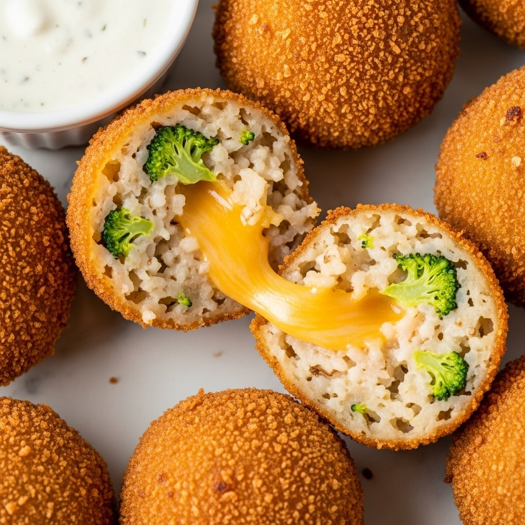 The image shows a close-up of several small, round, golden-brown fried balls with a crunchy breadcrumb coating. One ball is cut in half, revealing a soft, creamy inside filled with white rice grains, melted yellow cheese, and small pieces of green broccoli mixed throughout. The balls are placed on a white marbled surface, with a small white container of white creamy dip visible on the left side. The texture contrasts between the crispy outside and the moist, cheesy filling are clear and inviting. photo taken with an iphone --ar 4:5 --v 7