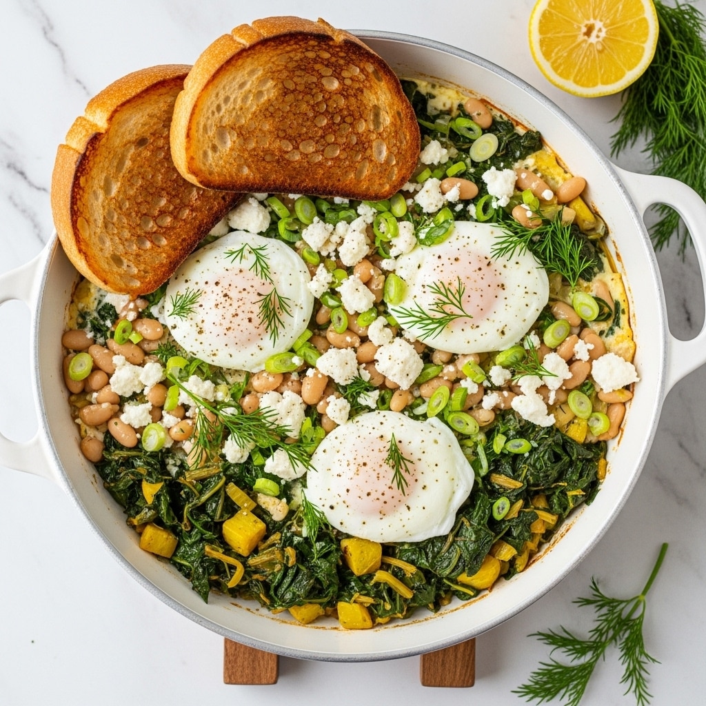 A white pan filled with a layered dish showing a base of cooked green leafy vegetables and yellow pieces, topped with three cooked white eggs with visible soft yolks underneath, sprinkled with white crumbled cheese, chopped green herbs, and small white beans. Two toasted slices of crusty bread rest on the pan edge. The pan is placed on a white marbled surface with fresh dill and half a squeezed lemon beside it. Photo taken with an iphone --ar 4:5 --v 7