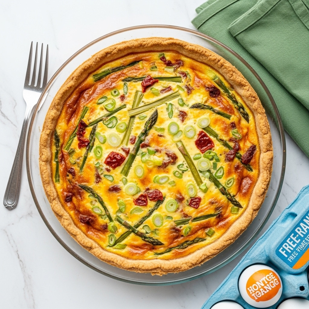 A round quiche with one visible crust layer that is golden brown and slightly thick around the edges, holding a colorful filling. The filling has a creamy yellow base with visible pieces of green vegetables like asparagus and scallions spread evenly throughout. There are also small patches of red, showing bits of sun-dried tomato or red pepper, adding contrast. The surface has a slightly glossy finish and a soft texture, indicating it is freshly baked. The quiche sits inside a clear glass pie dish on a white marbled surface. A silver fork is placed on the left side and a green cloth napkin is folded neatly on the upper right. A blue carton of free-range eggs is partially visible on the bottom right. Photo taken with an iphone --ar 4:5 --v 7
