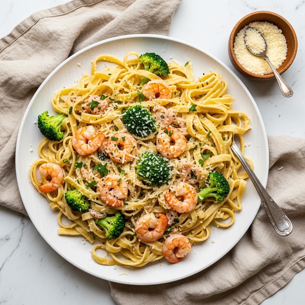 A wooden plate holds a large serving of creamy pasta with three distinct layers: pale yellow fettuccine noodles coated in a creamy white sauce form the base, mixed throughout with small pink shrimp and bright green broccoli florets that add texture and color, and the top layer is dusted with grated light yellow Parmesan cheese and sprinkled with finely chopped green herbs. A silver fork is inserted into the right side of the pasta, resting on the plate. The plate is placed on a soft beige cloth, all set on a white marbled surface, with a small bowl of Parmesan cheese and a spoon to the left, some cheese scattered around. Photo taken with an iphone --ar 4:5 --v 7
