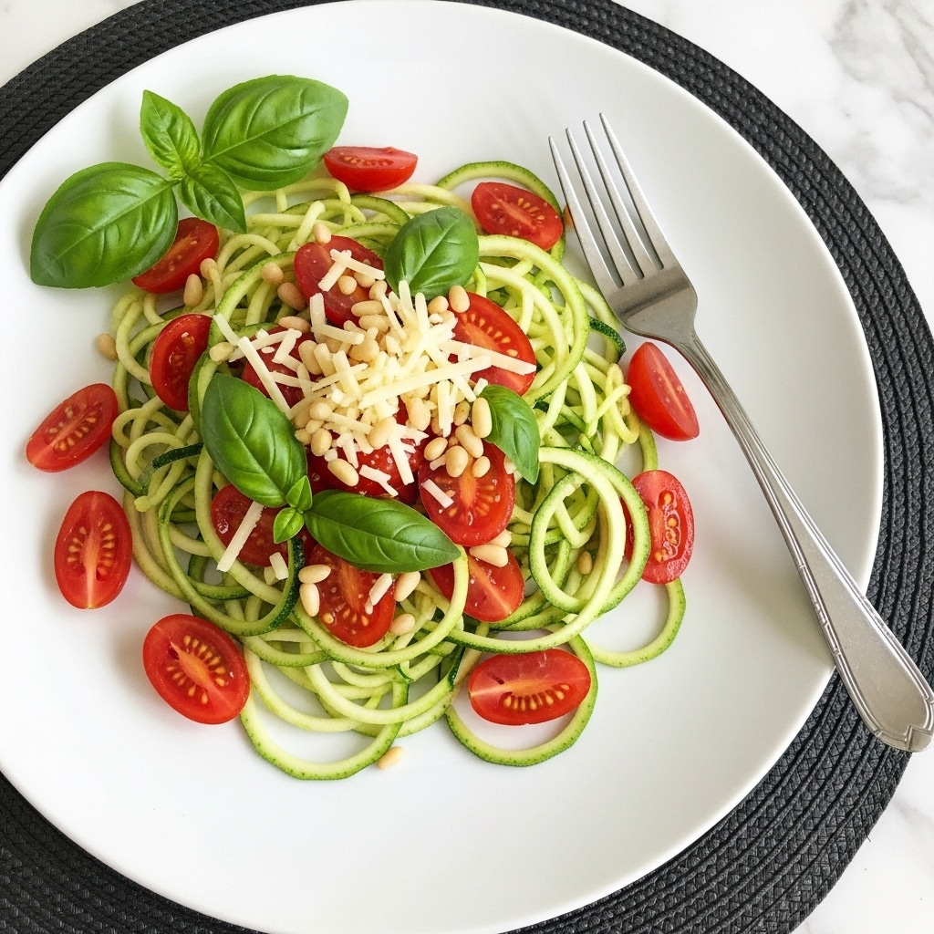 A white plate holds a fresh dish of spiralized zucchini noodles as the bottom layer, light green and thin with a smooth texture. On top, there are bright red tomato chunks scattered unevenly, adding a juicy, wet contrast. Fresh dark green basil leaves are placed around and mixed in, providing a leafy texture. The dish is sprinkled with small, pale pine nuts and finely grated white cheese, lightly dusted over the top. A silver fork rests on the right side of the plate, all set against a woven mesh pattern underneath the plate. Photo taken with an iphone --ar 4:5 --v 7