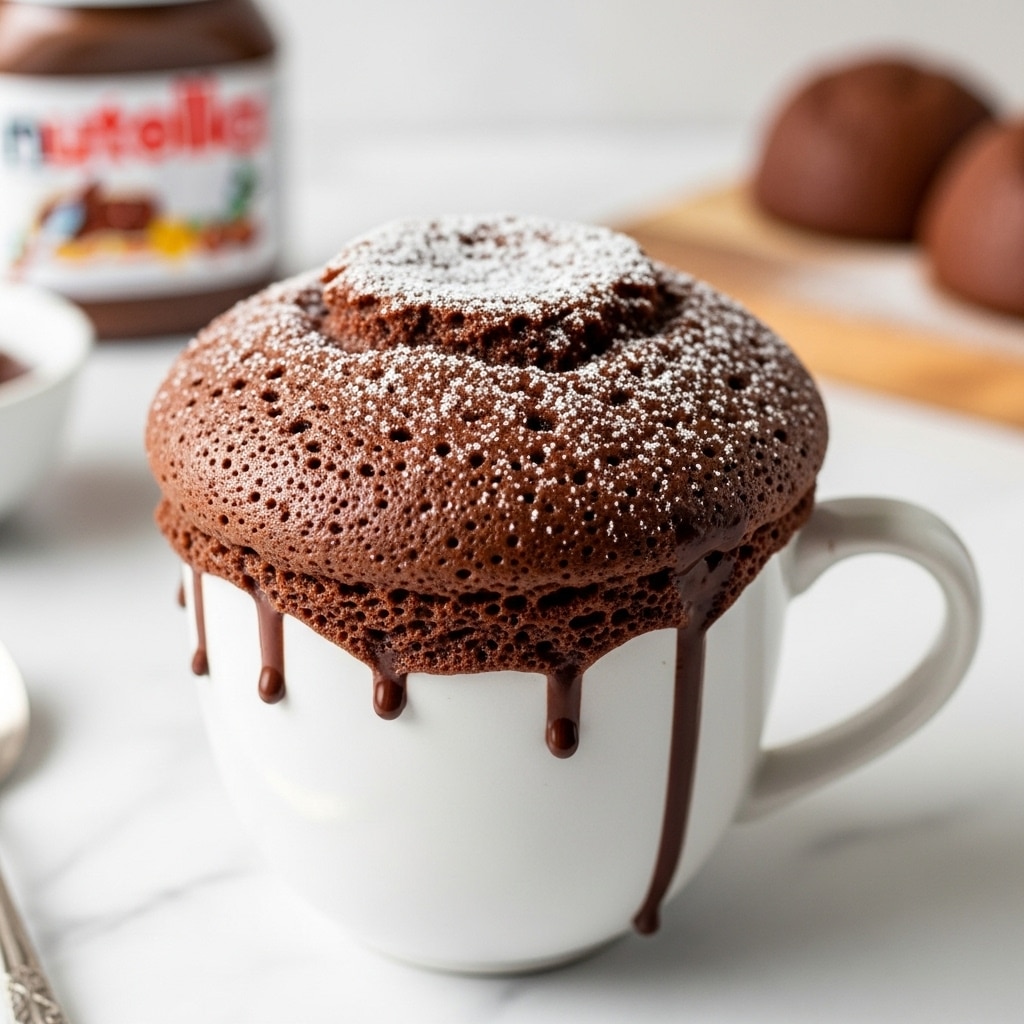 A white mug filled with a chocolate cake that rises above the rim, with a soft, porous texture and a light dusting of powdered sugar on top. The cake's dark brown surface contrasts with the white mug, and melted chocolate drips down the mug’s side, adding a rich, glossy detail. The mug is placed on a white marbled surface, with blurred background elements including a Nutella jar and a white bowl. Photo taken with an iphone --ar 4:5 --v 7