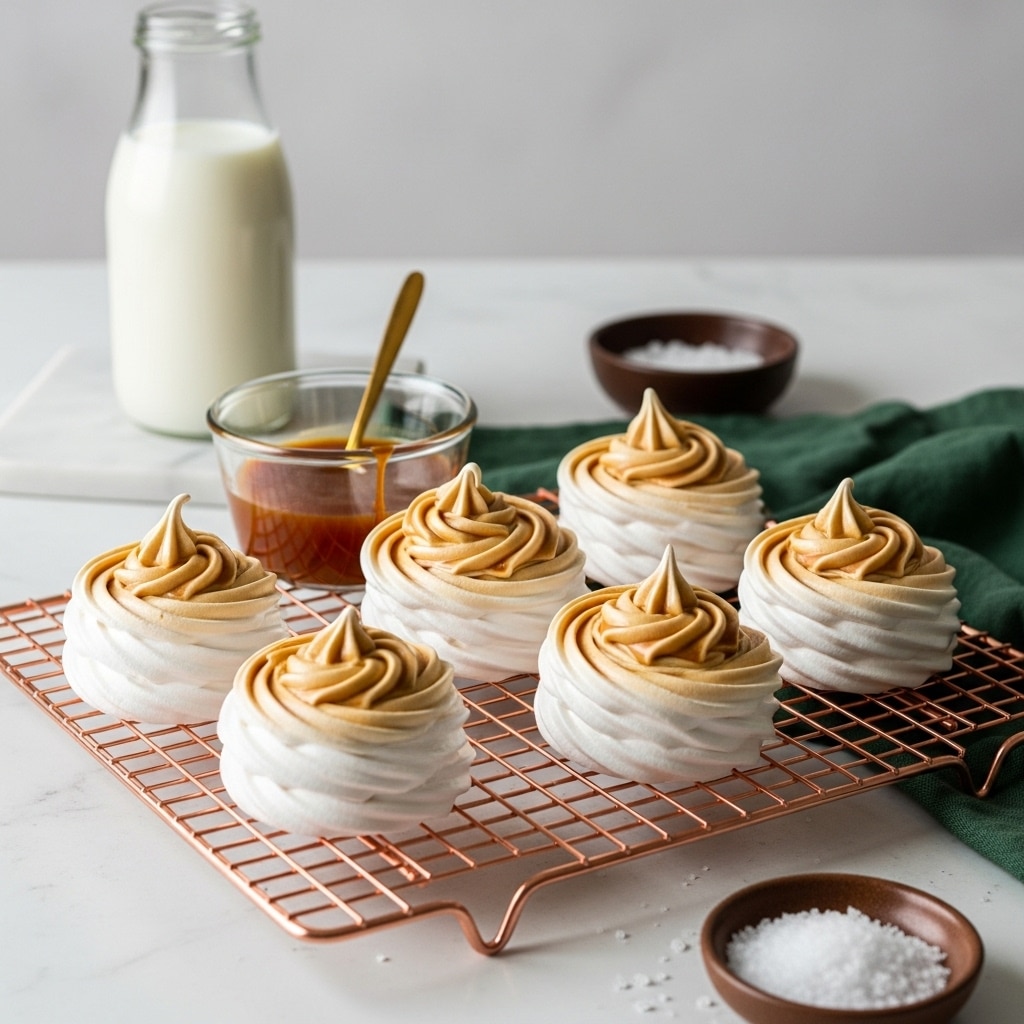 The image shows six small meringue nests on a rose gold wire rack, each with a white base swirled with a light brown caramel topping, creating a textured and airy look. Behind the rack, there is a small clear glass bowl filled with caramel sauce and a small gold spoon inside it. A dark green cloth is partially visible under the rack towards the back. In the background, there is a glass bottle filled with milk placed on a white marbled surface. At the front right, a small brown dish contains coarse white salt. The scene is softly lit and the focus is on the meringues, with a gentle blur on the milk bottle and bowl in the background. photo taken with an iphone --ar 4:5 --v 7