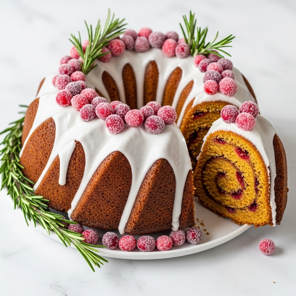A round bundt cake with six visible spiral layers, each layer showing moist brown cake with white icing dripping along the curves, placed on a white plate. The cake is decorated with small red sugared cranberries scattered on top and around the plate, and two sprigs of frosted green rosemary resting on the cake. One slice is cut and tilted slightly out, revealing the soft texture inside. The setting is on a white marbled surface. photo taken with an iphone --ar 4:5 --v 7