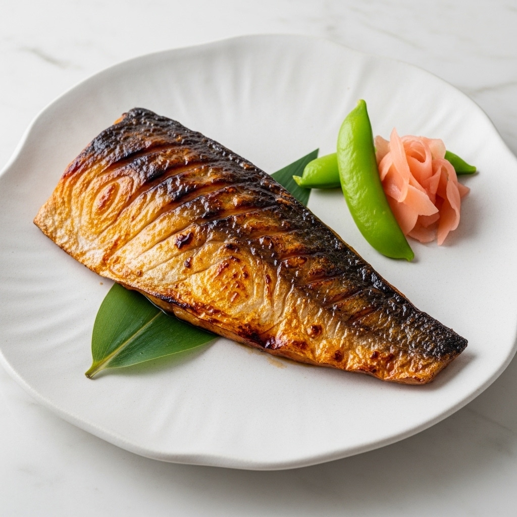A single piece of cooked fish with a glossy, dark caramelized top layer that fades from deep brown at the edges to a rich orange-golden color in the middle sits slightly off-center on a white plate with wavy edges. Below the fish is a green leaf that acts as a base. To the right of the fish rests a small bundle of light pink pickled ginger and two vibrant green snap peas leaning against it. The plate is set on a white marbled surface. Photo taken with an iphone --ar 4:5 --v 7