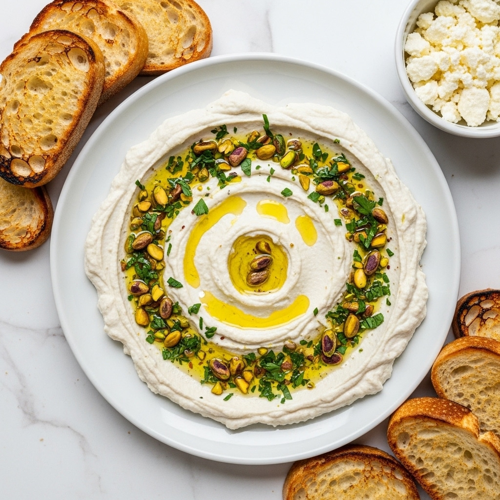 A white plate filled with a smooth, creamy white spread that has a thick texture; it is swirled with a small well in the center holding golden olive oil. On top of the spread, there are scattered pieces of crushed pistachios showing green and brown colors, and chopped fresh green parsley sprinkled around. The plate sits on a white marbled surface with slices of toasted bread nearby that have a golden-brown crust and soft inside. Photo taken with an iphone --ar 4:5 --v 7