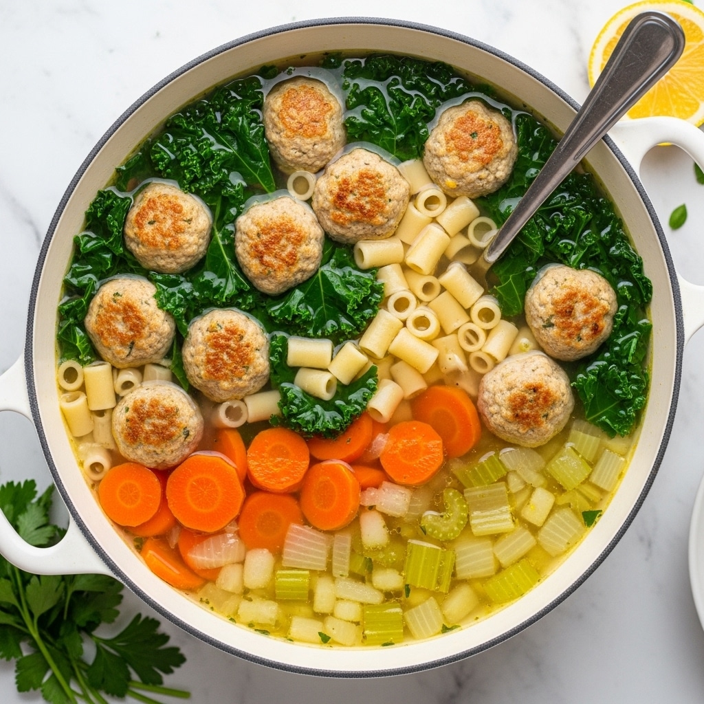 A large white pot filled with clear broth soup containing small round meatballs that are light brown, dark green leafy kale pieces, bright orange carrot cubes, pale green celery chunks, and small pale yellow pasta rings. A silver ladle rests inside the pot on the right side, with the soup showing a glossy surface and bits of herbs sprinkled on top. The pot is placed on a white marbled surface, with a beige cloth partially visible near the top right corner. photo taken with an iphone --ar 4:5 --v 7