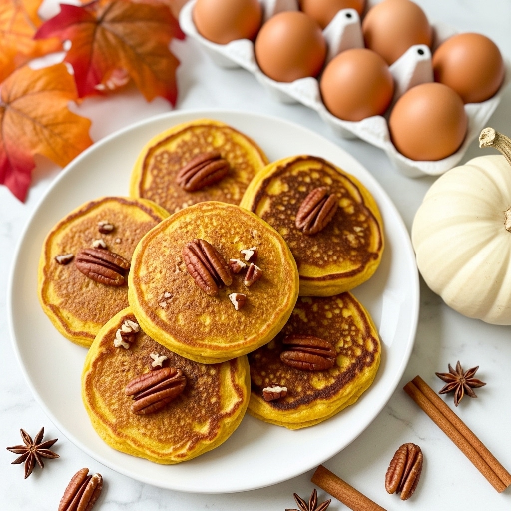 A white plate holds a stack of five pumpkin-colored pancakes with a light and fluffy texture, showing varying shades of golden brown on their surfaces. The pancakes are arranged in a slightly overlapping manner, some topped with whole pecans that add a rich brown accent. Around the plate, a few loose pecans are scattered on a white marbled surface. Nearby, six brown eggs rest in a white egg tray, while a large white pumpkin sits beside the plate with its green-brown stem facing outward. In the foreground, two cinnamon sticks lie horizontally, enhancing the autumn feel of the image. Photo taken with an iphone --ar 4:5 --v 7