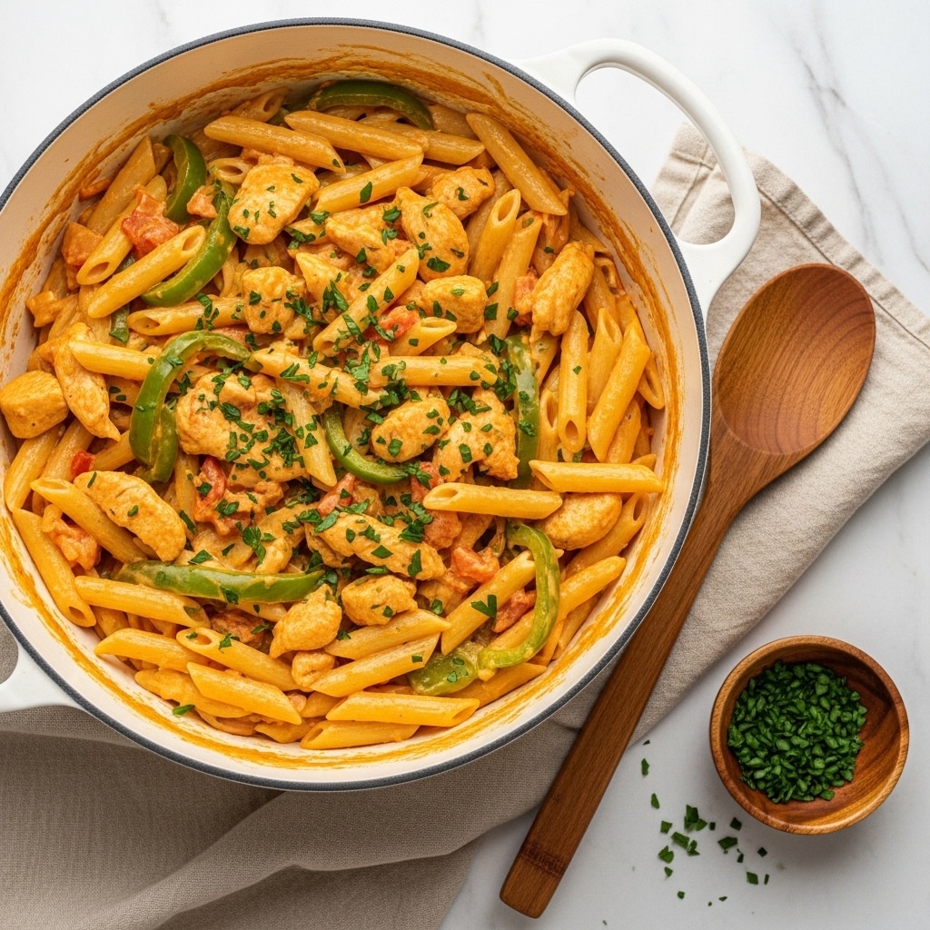 A white pot filled with creamy penne pasta mixed with chunks of cooked chicken and slices of green bell pepper, all coated in a light orange sauce. Small pieces of chopped tomatoes and green parsley are scattered on top, adding color and freshness. The pot sits on a white marbled surface next to a beige cloth and a wooden spoon. A small wooden bowl with chopped green herbs is placed nearby on the marbled surface, with some herbs spilled beside it. Photo taken with an iphone --ar 4:5 --v 7