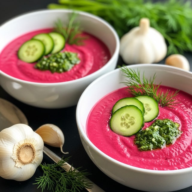 A bright magenta soup fills a white bowl, with a smooth and creamy texture as the main layer. On top, there is a small mound of green pesto sauce in the center, adding a rough, leafy texture. Around the pesto, there are thin cucumber slices with their green edge and pale inside, arranged in a curved row on one side. Fresh green dill fronds lie next to the pesto, adding a feathery texture and light green color. The bowl sits on a white marbled surface, with fresh dill stalks and bulbs of garlic placed nearby for decoration. Photo taken with an iphone --ar 4:5 --v 7