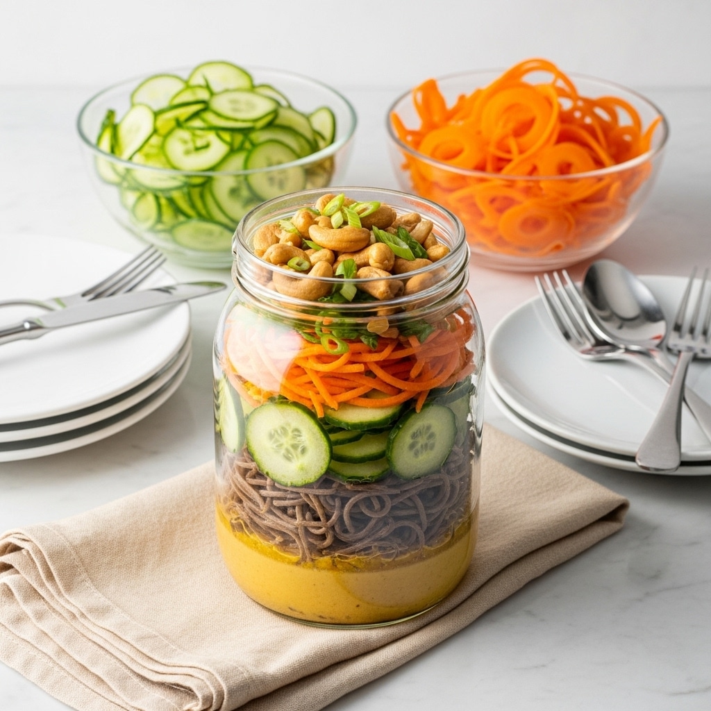 A glass jar with a metal clasp holds a dish made of several visible layers: at the bottom is a yellow sauce, above it are brown noodles, then a layer of spiral-cut green cucumber, and on top thin orange carrot spirals mixed with some cashew nuts and green onion slices. Behind the jar, two clear bowls contain more spiral-cut cucumber on the left and spiral-cut carrot on the right. The jar is placed on beige napkins on a wooden table, flanked by two white stacked plates on each side with silver forks and spoons nearby. The whole setting is bright and clean with a natural look. Photo taken with an iphone --ar 4:5 --v 7