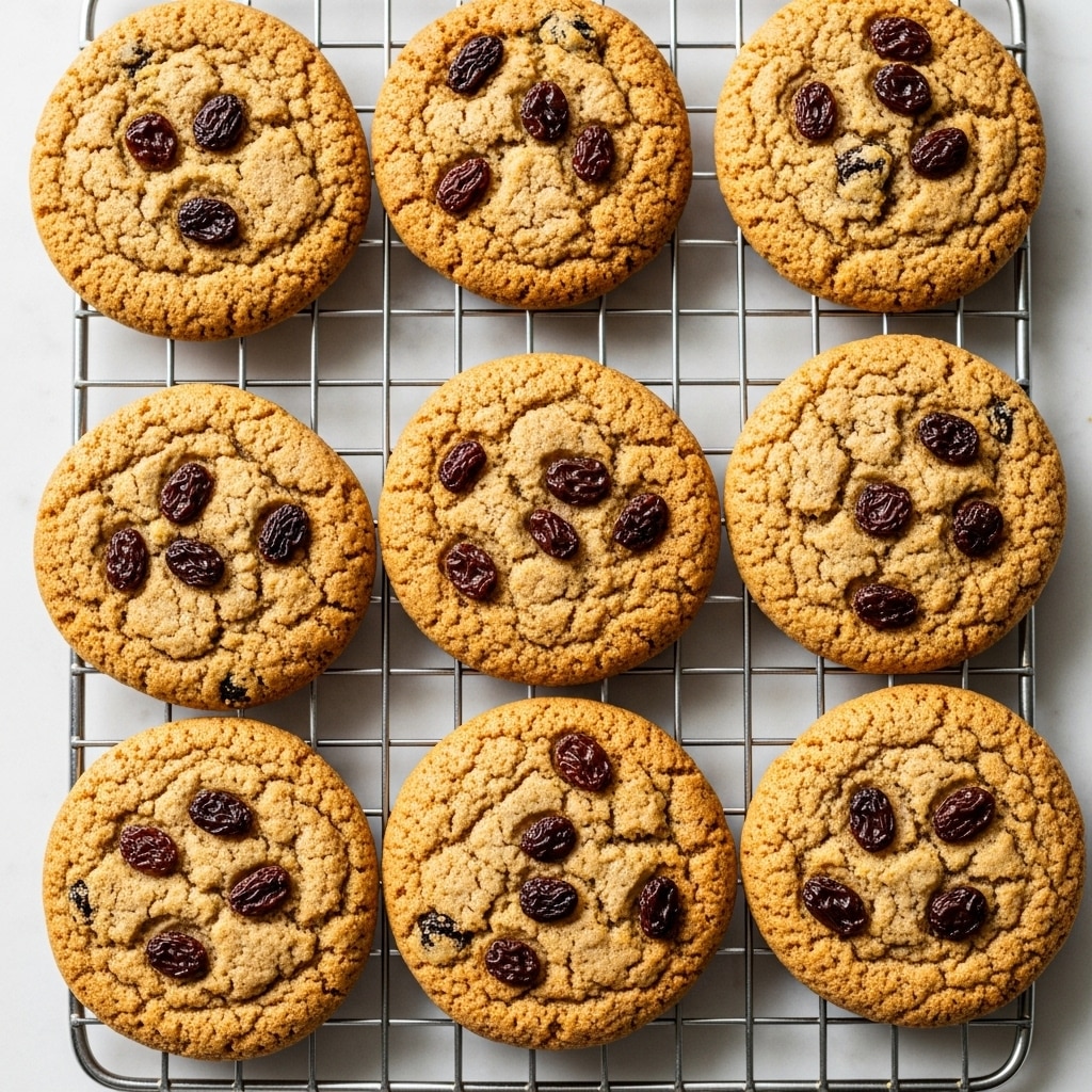 There are seven round oatmeal cookies with raisins placed on a metal cooling rack. Each cookie has a golden-brown color with a slightly crumbly texture. The raisins are scattered throughout the cookies, creating dark spots that contrast with the lighter cookie dough. The cookies show ridges and cracks on the surface, adding to their homemade appearance. The cooling rack is placed on a white marbled texture surface. photo taken with an iphone --ar 4:5 --v 7