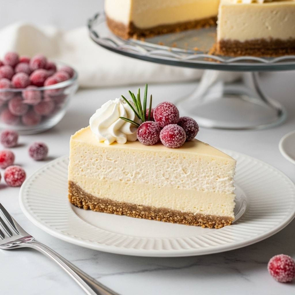 A slice of cheesecake with three visible layers: a crumbly golden brown graham cracker crust at the bottom, a thick creamy beige cheesecake middle layer, and a smooth pale yellow top layer. The cheesecake slice is placed on a white plate with a ribbed design around the edge. On top of the cheesecake, there is a swirl of white whipped cream and a cluster of bright red sugar-coated cranberries with a small green rosemary sprig in the center. Nearby, a glass bowl filled with more sugar-coated cranberries and a glass cake stand holding the remaining cheesecake are on a white marbled surface. A silver fork rests next to the plate. Photo taken with an iphone --ar 4:5 --v 7