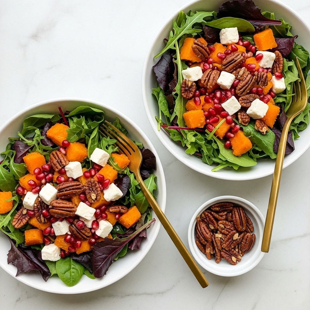 Two white bowls filled with mixed green and purple lettuce leaves form the base layer of a colorful salad. On top, there is a second layer of cubed orange squash, light beige apple pieces, and bright red pomegranate seeds scattered evenly. The third layer is made up of crunchy candied pecans placed throughout. Finally, small white crumbles of cheese are sprinkled on the surface, adding a fresh look. Each bowl has a vintage-looking gold fork resting inside. A smaller white bowl with extra candied pecans is placed partly in front. The dishes sit on a white marbled texture. photo taken with an iphone --ar 4:5 --v 7