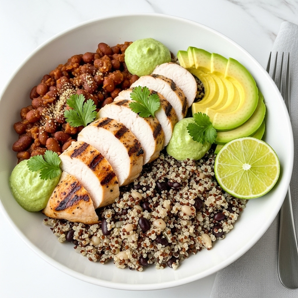 A white bowl filled with three main layers: the bottom layer is a mix of light-colored quinoa and white rice with scattered black beans, adding texture and contrast; on top of this is a cooked, sliced chicken breast with a golden-brown grilled surface and visible grill marks, placed across the center of the bowl; to one side of the chicken are two fresh, light green avocado slices with smooth texture, and to the other side, two dollops of a bright green sauce with a slightly chunky texture; fresh cilantro leaves are sprinkled on the chicken and scattered around the bowl, and a wedge of lime with a bright green outer peel and juicy inner flesh rests on the quinoa near the bowl’s edge; the bowl sits on a white marbled surface with a silver fork and a light grey cloth napkin nearby; whole and sliced limes lie on the surface around the bowl, adding freshness to the scene. photo taken with an iphone --ar 4:5 --v 7