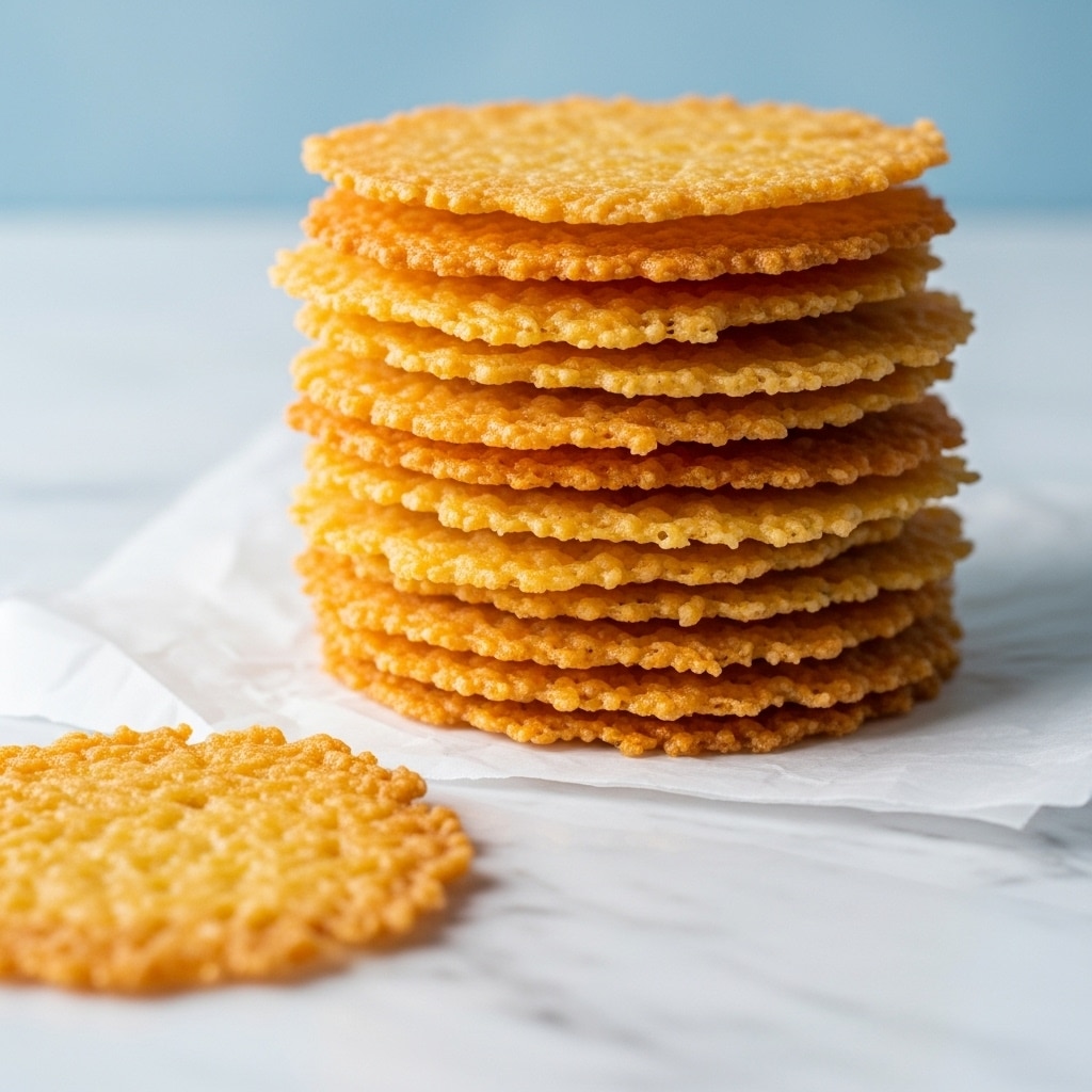 A tall stack of thin, golden brown cheese crisps with a lacy texture sits on white parchment paper, showing small air pockets and slightly darker toasted edges. Each crisp is irregularly shaped with a crispy surface made from melted and baked cheese that forms a crunchy and uneven pattern. The stack is centered in the image, with one crisp lying flat in the foreground, slightly out of focus. The background is a smooth, bright blue, contrasting with the warm tones of the cheese crisps. photo taken with an iphone --ar 4:5 --v 7