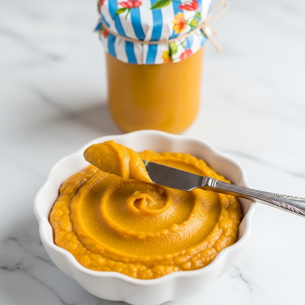A white bowl with smooth, thick orange spread fills the center, with a vintage silver butter knife resting on top, its blade covered with the spread. The spread looks creamy with slight ridges, and behind the bowl is a jar with the same orange spread, topped with a blue and white striped fabric cover. The scene sits on a white marbled surface. photo taken with an iphone --ar 4:5 --v 7