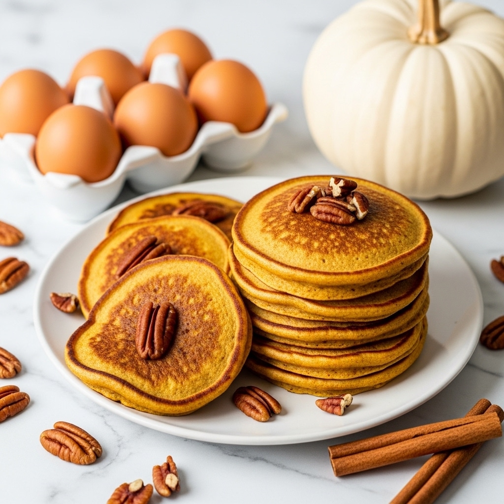 A white plate holds five thick, round pumpkin pancakes stacked slightly overlapping each other. The pancakes are golden yellow with browned spots on their surfaces, showing a soft, fluffy texture. Each pancake is topped with one or two pecan halves, dark brown with a textured surface. Around the plate, on the white marbled surface, a few scattered pecans, brown cinnamon sticks, and star anise are visible. To the right, there is a white pumpkin with a rough stem, and above the plate, a white egg carton holds six brown eggs. In the top left corner, out-of-focus autumn leaves add warm orange and red tones to the scene. photo taken with an iphone --ar 4:5 --v 7