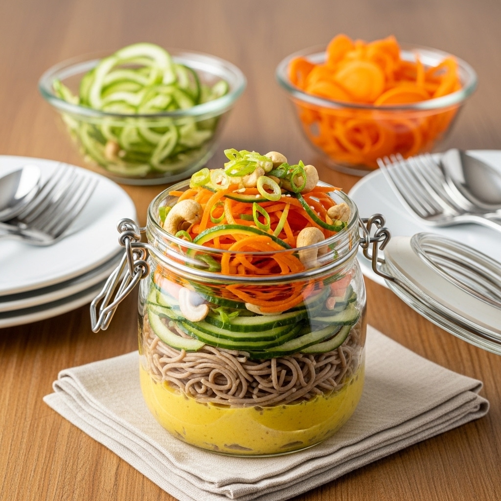 In the center, a clear glass jar holds four distinct layers: the bottom layer is a golden sauce, topped by a layer of dark soba noodles, then a mixed layer of light green cucumber spirals and bright orange carrot spirals, and on top are golden-brown cashews with a sprinkle of green scallions. Behind the jar, two clear glass bowls sit side by side, one full of light green cucumber spirals and the other with bright orange carrot spirals. The jar and bowls rest on a folded light tan napkin on a white marbled surface. On one side of the jar, there is a stack of three white plates with a fork and knife nearby. On the other side, two white plates are stacked next to a spoon and fork set, all with silver handles. photo taken with an iphone --ar 4:5 --v 7