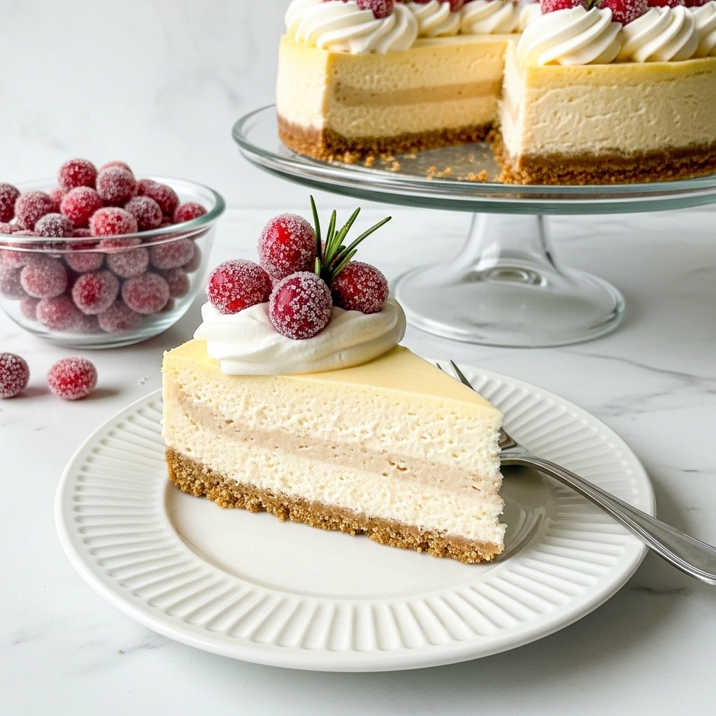 A slice of cheesecake sits on a white ceramic plate with a ridged edge, showing two main layers: a thick, light beige creamy cheese layer on top and a slightly darker brown crumbly crust base. The top of the cheesecake is smooth and pale yellow, decorated with a small white whipped cream swirl, a few bright red sugared cranberries clustered on one side, and a small green rosemary sprig in the middle. The plate is placed on a white marbled texture surface, with a silver fork lying nearby. In the background, a glass bowl filled with sugared cranberries and a glass cake stand holding the remaining cheesecake are visible. Photo taken with an iphone --ar 4:5 --v 7