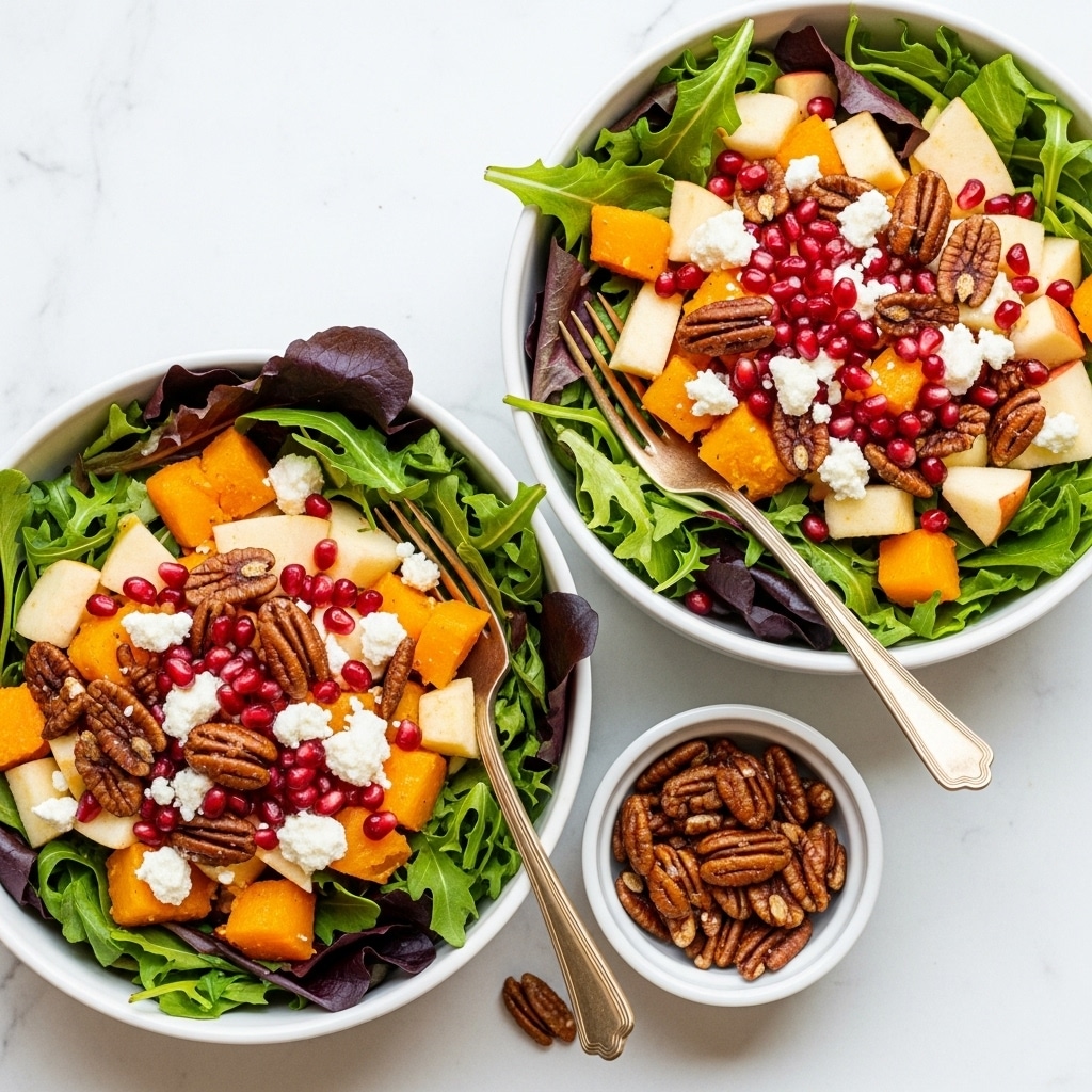 Two white bowls filled with fresh salad sit on a white marbled surface. Each bowl contains a mix of leafy greens as the base layer, dark purple and green leaves creating a textured backdrop. Scattered on top are bright orange chunks of squash, small white cubes of cheese, and red pomegranate seeds that add bright color. There are also candied pecans spread across the salad for a crunchy texture. A golden fork rests inside each bowl, partially buried in the salad. Near the bowls, there is a small white bowl with more candied pecans. photo taken with an iphone --ar 4:5 --v 7