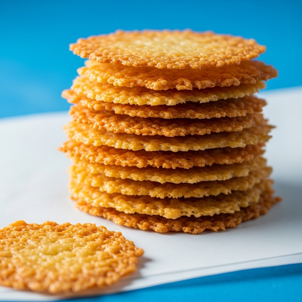 A tall stack of thin, round, golden-brown crispy cheese crisps is placed on a white parchment paper over a white marbled surface. The crisps show a textured surface with melted cheese strands and tiny browned edges, giving them a crunchy look. One cheese crisp lies flat in the foreground, slightly out of focus, while the stack is the center of attention, and the background is a soft blue color. photo taken with an iphone --ar 4:5 --v 7
