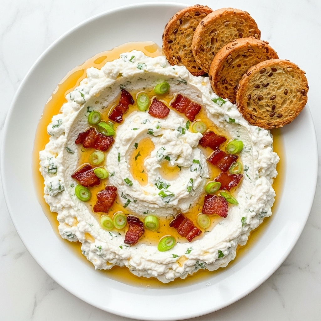 This image shows a close-up of a creamy white cheese spread spread thickly on a white plate with a white marbled texture underneath. The cheese is soft and fluffy, with swirls and peaks creating a rich texture. On top of the cheese, there are small toasted brown round bread slices speckled with black seeds, positioned mostly at the top and right side. Scattered across the cheese are crispy reddish-brown bacon bits and green sliced scallions, adding pops of color and texture. A drizzle of light amber oil or sauce adds shine and contrast, pooling slightly around the edges of the cheese. photo taken with an iphone --ar 4:5 --v 7