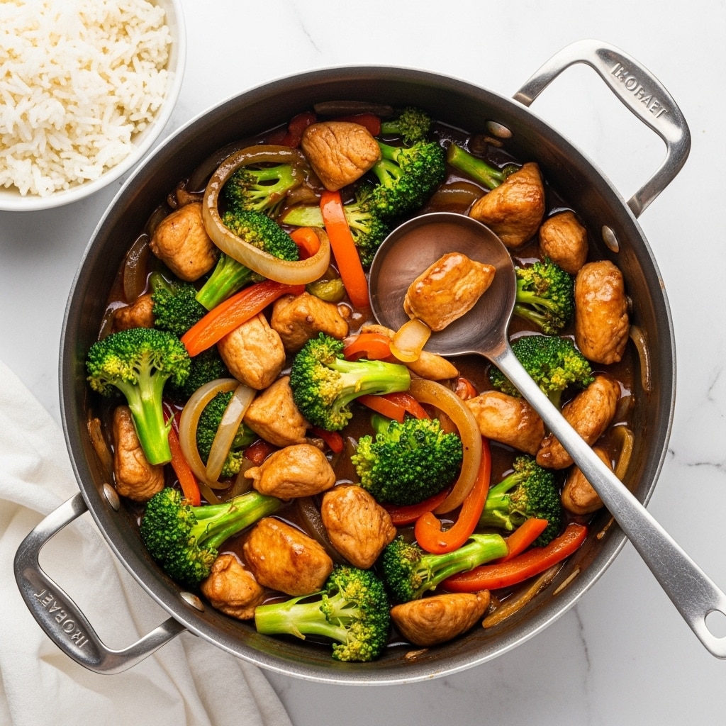 A close-up of a silver saucepan filled with a colorful chicken stir-fry featuring three main layers: tender bite-sized pieces of light brown chicken, bright green broccoli florets with rough textures, and glossy orange bell pepper strips and translucent white onion chunks all mixed in a thick, shiny dark brown sauce. A silver ladle rests inside the pan scooping some of the stir-fry. To the upper left, a portion of a white bowl filled with fluffy white rice is visible. The pan is placed on a white marbled surface with a white cloth nearby. photo taken with an iphone --ar 4:5 --v 7