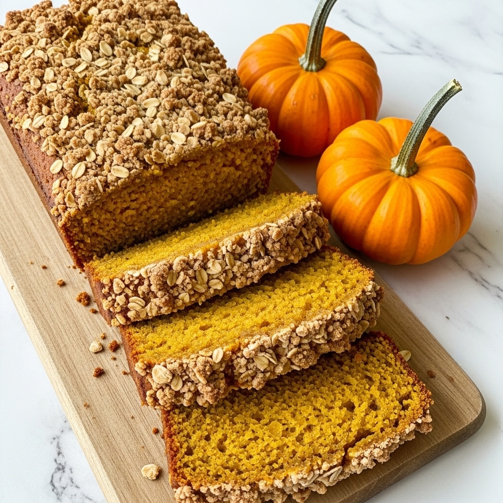 A loaf of pumpkin bread with a rough oat crumb topping is sliced into three pieces on a wooden board. The bread's inside is bright orange with a moist texture, while the oat topping is light brown and crunchy. Two small, round orange pumpkins with green stems sit next to the bread on the wooden board. The background surface is changed to a white marbled texture. photo taken with an iphone --ar 4:5 --v 7