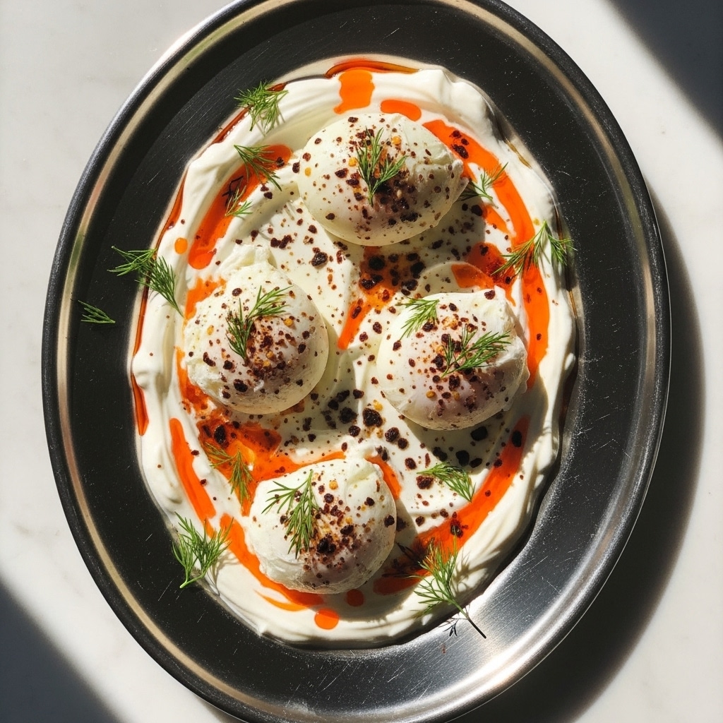 A silver oval plate holds a dish with a thick white yogurt layer spread evenly across the base. On top, four round, slightly glossy white poached eggs are placed in a loose square shape. Bright orange chili oil with red pepper flakes is drizzled over the eggs and yogurt, creating vibrant spots and streaks of color. Small green dill sprigs are scattered gently over the top and around the edges, adding fresh green accents. The plate sits on a white marbled surface, with soft natural light highlighting the smooth and textured contrasts of the dish. Photo taken with an iphone --ar 4:5 --v 7