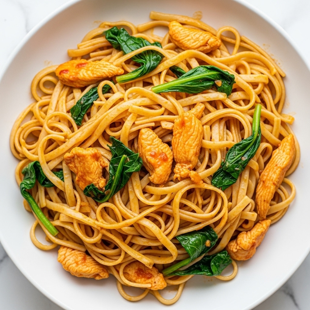 The image shows a white plate filled with shredded pieces of cooked chicken mixed with long, flat noodles. The chicken pieces are orange-red from sauce coating them, and there are scattered dark green leafy vegetables mixed throughout the noodles and chicken. The noodles are light yellow and twisted around each other, creating a textured look. The plate rests on a white marbled surface. photo taken with an iphone --ar 4:5 --v 7