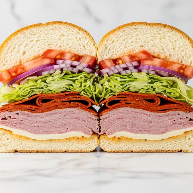A close-up of a sandwich cut in half, showing seven clear layers inside a white sandwich bun. The bottom layer is a smooth, pale yellow cheese slice on the soft white bread. Above that, there are several thin layers of folded pink deli meats with some reddish spicy pepperoni on top. Next is a thick layer of shredded light green lettuce with some thin slices of purple onion. The top layer has two bright red, juicy tomato slices on the upper white bun. The sandwich is set against a background of a white marbled texture with a blurred dark brick wall in the far back. photo taken with an iphone --ar 4:5 --v 7